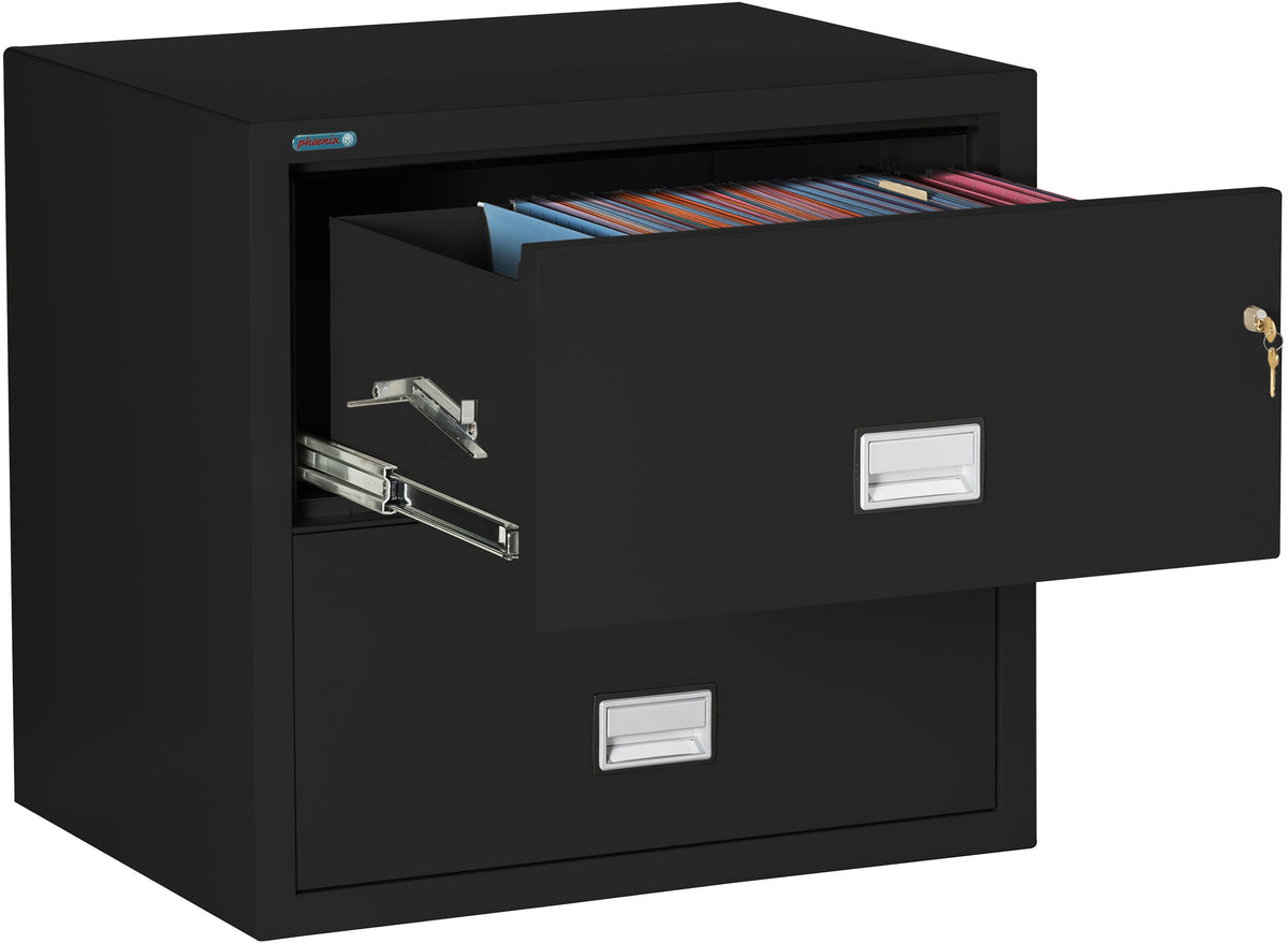 Phoenix Safe LAT2W31 31&quot; 2 Drawer Lateral Size Fire File Cabinet Black Drawer Open
