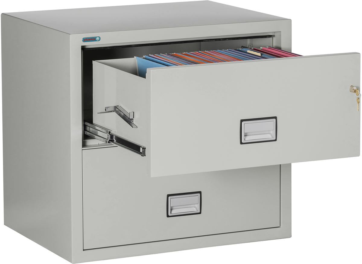 Phoenix Safe LAT2W31 31&quot; 2 Drawer Lateral Size Fire File Cabinet Light Gray Drawer Open