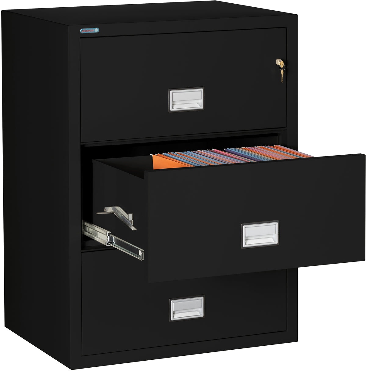 Phoenix Safe LAT3W31 31&quot; 3 Drawer Lateral Size Fire File Cabinet Black Middle Drawer Open