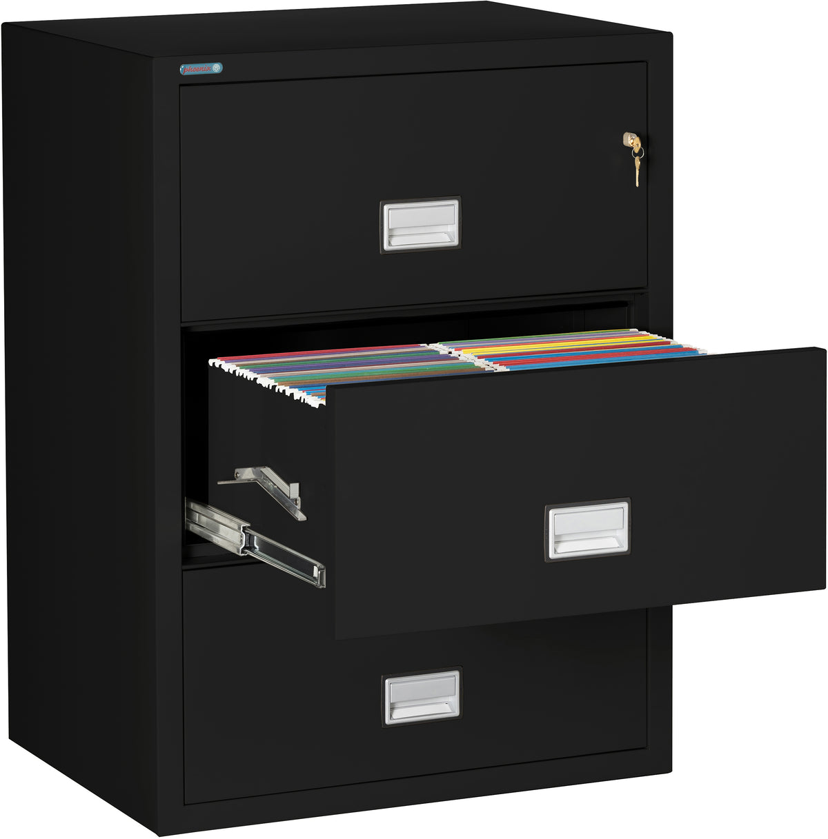 Phoenix Safe LAT3W31 31&quot; 3 Drawer Lateral Size Fire File Cabinet Black Middle Drawer Open 2