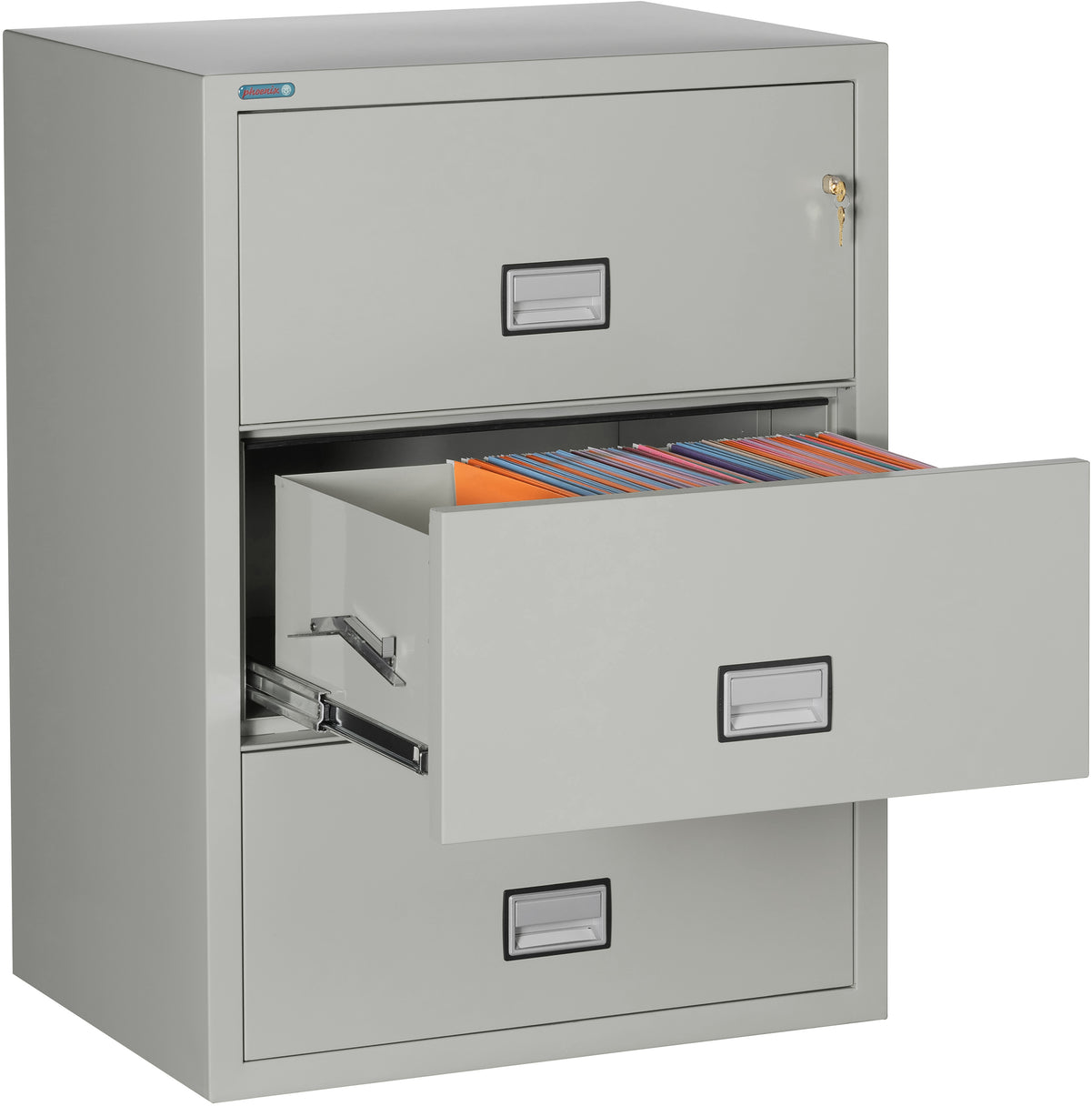 Phoenix Safe LAT3W31 31&quot; 3 Drawer Lateral Size Fire File Cabinet Light Gray Middle Drawer Open