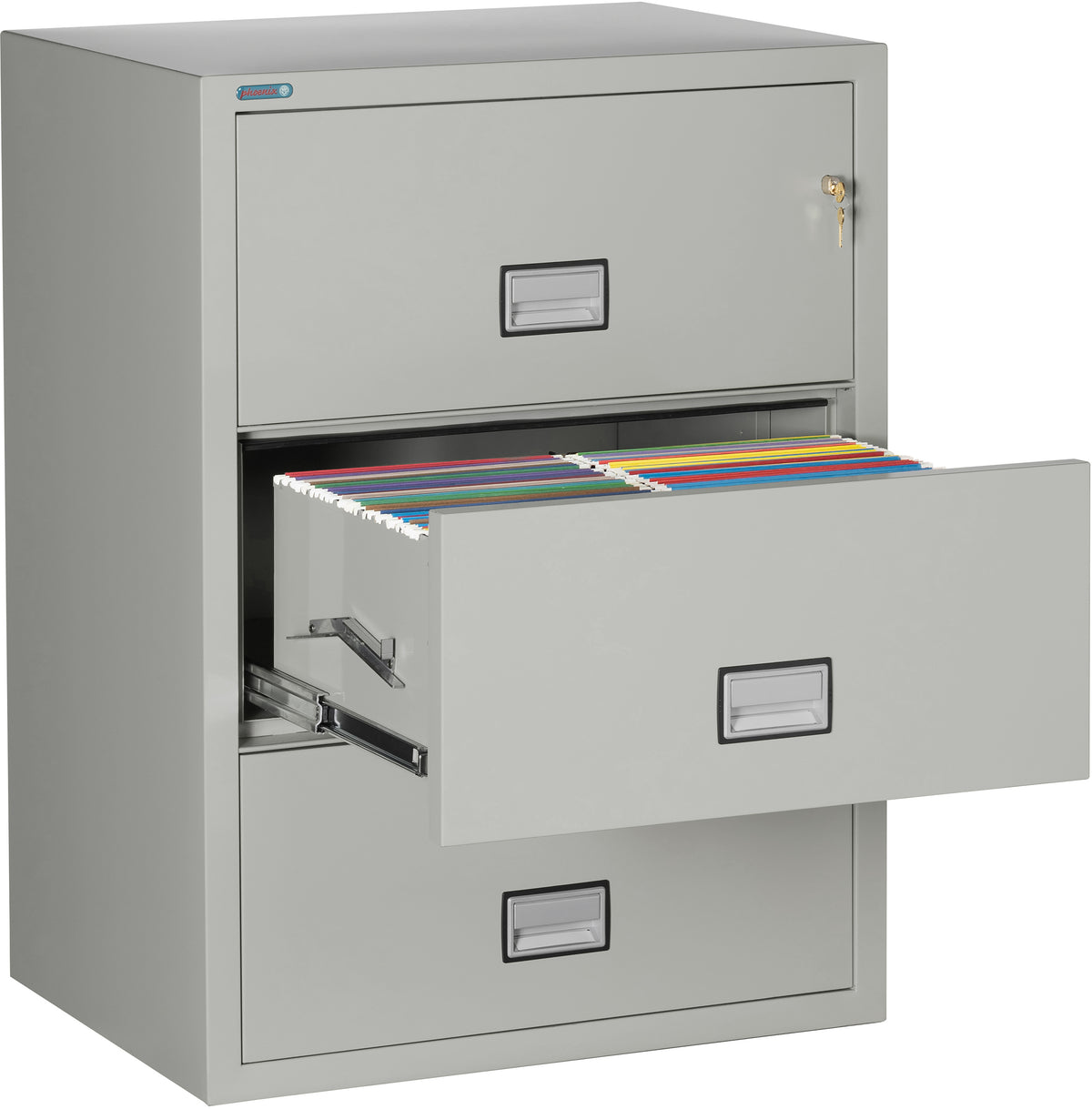 Phoenix Safe LAT3W31 31&quot; 3 Drawer Lateral Size Fire File Cabinet Light Gray Middle Drawer Open 2