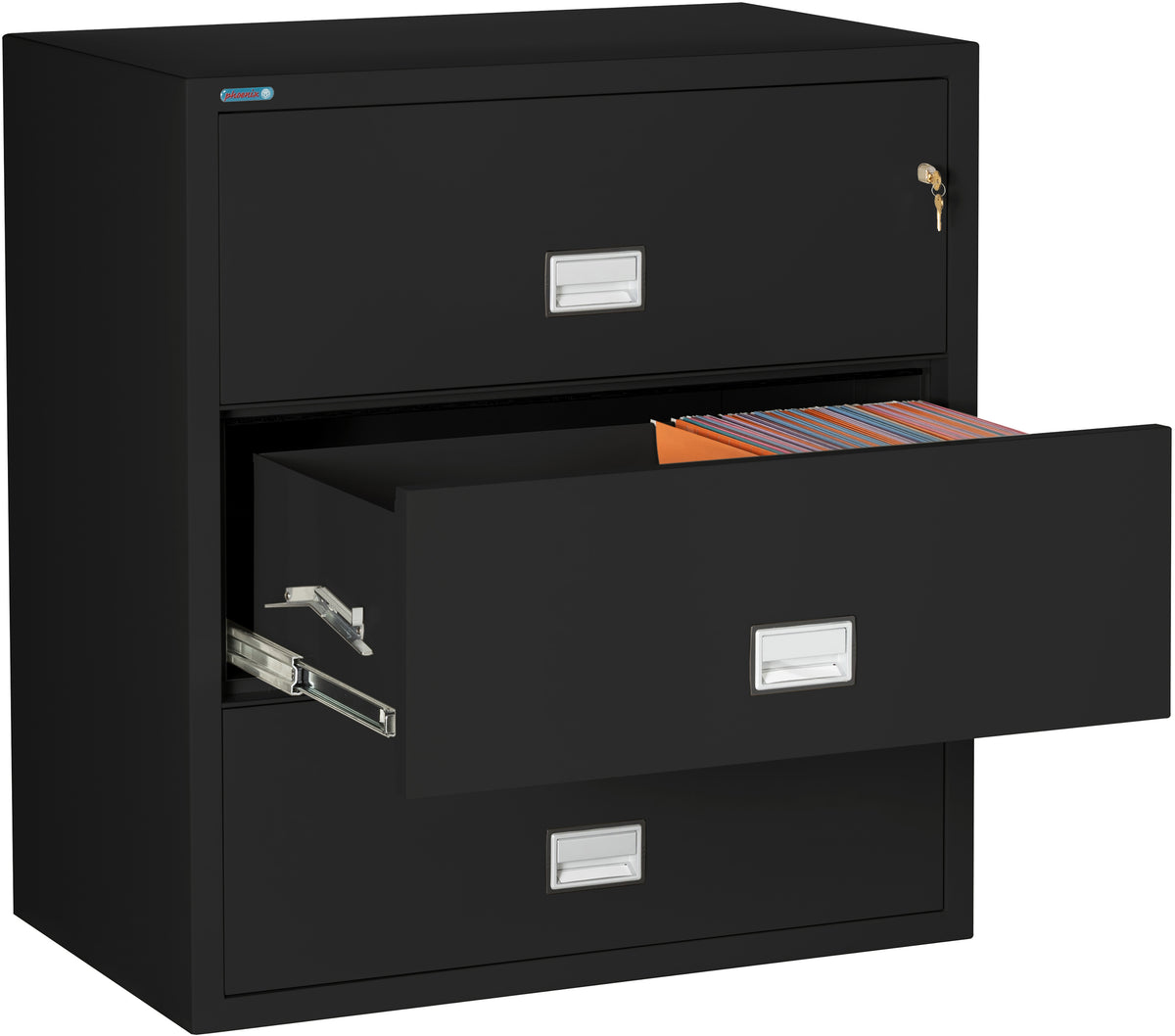 Phoenix Safe LAT3W38 38&quot; 3 Drawer Lateral Size Fire File Cabinet Black Middle Drawer Open