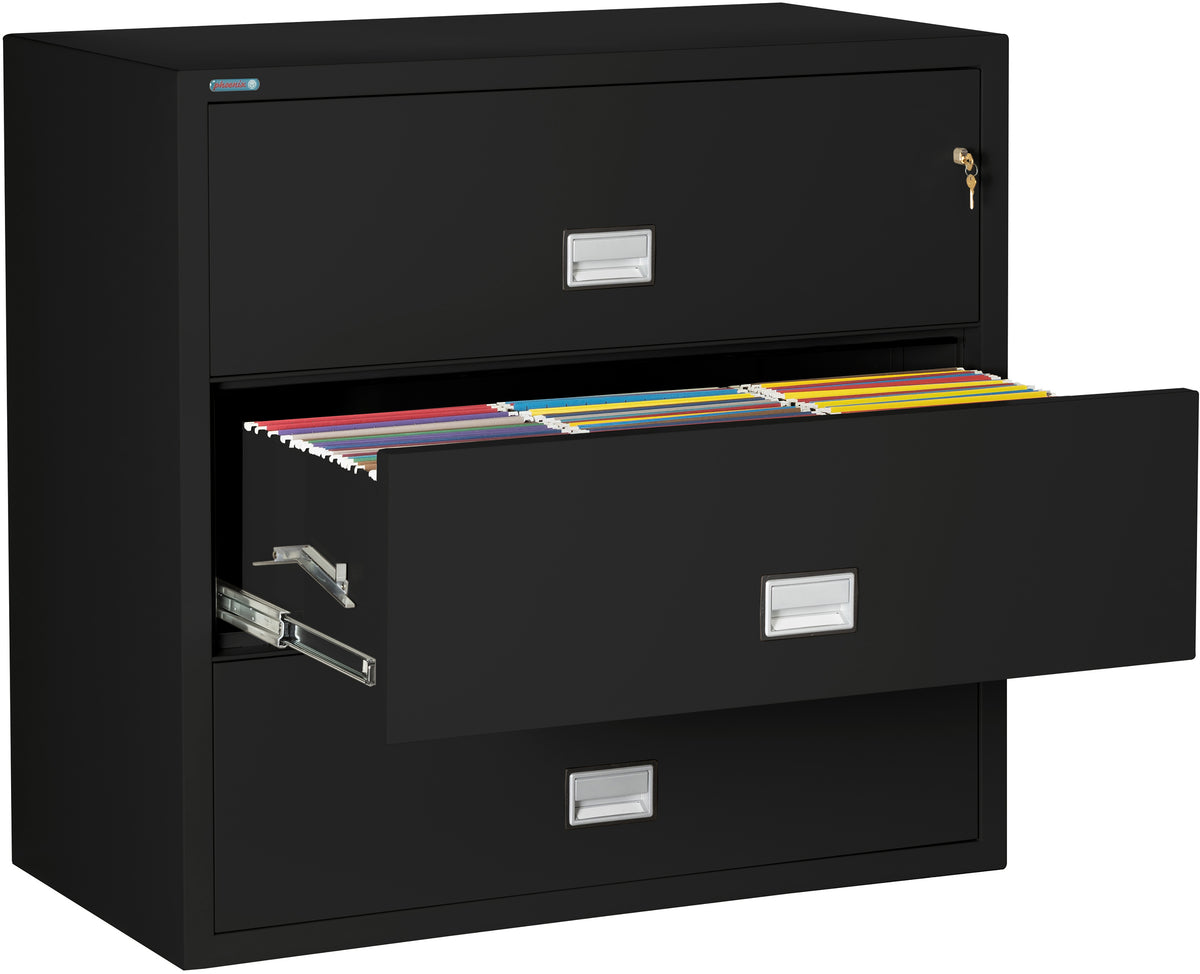 Phoenix Safe LAT3W44 44&quot; 3 Drawer Lateral Size Fire File Cabinet Black Middle Drawer Open 2