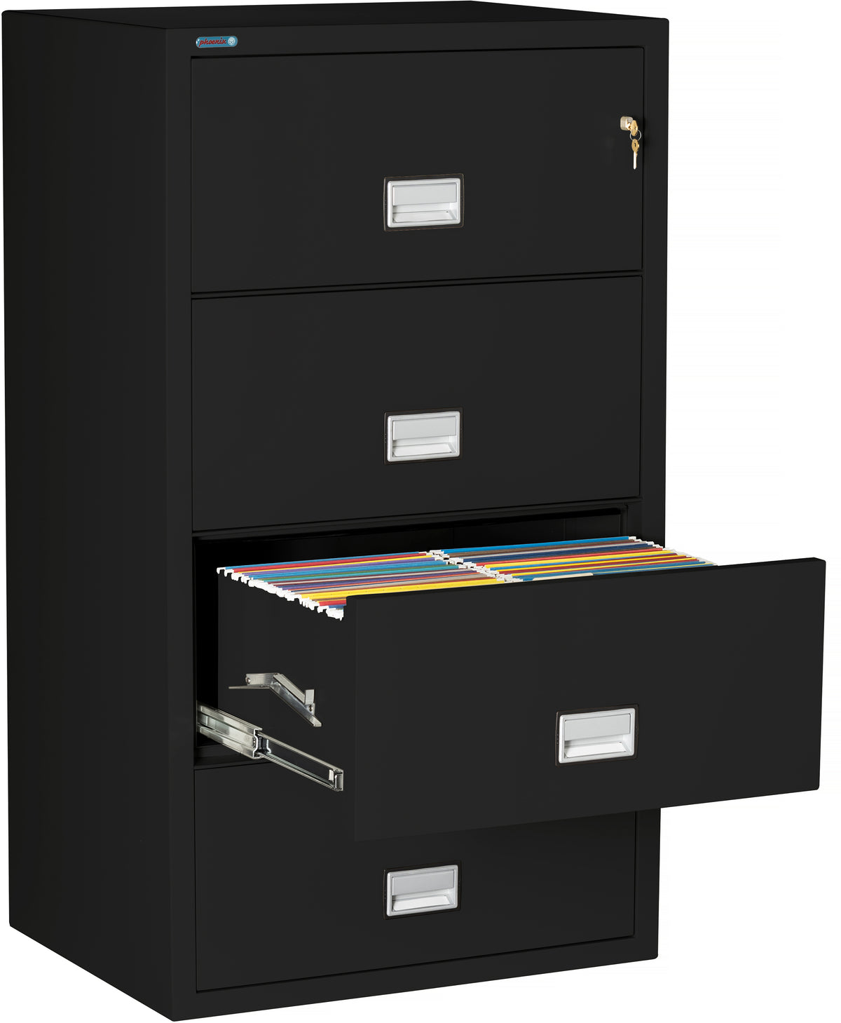 Phoenix Safe LAT4W31 31&quot; 4 Drawer Lateral Size Fire File Cabinet Black Third Drawer Open 2