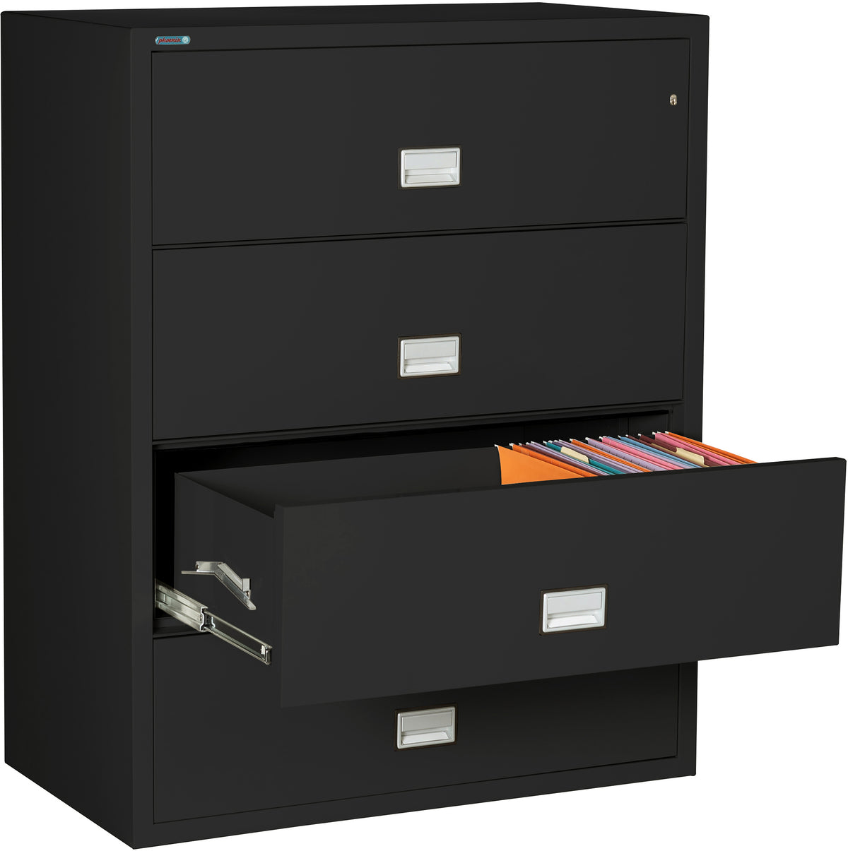 Phoenix Safe LAT4W44 44&quot; 4 Drawer Lateral Size Fire File Cabinet Black Third Drawer Open 2