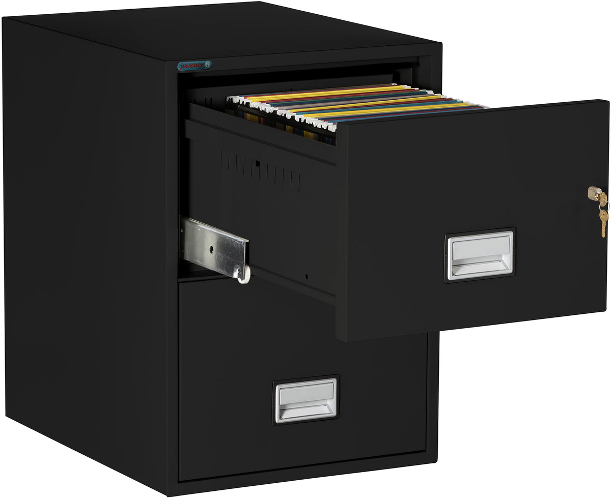 Phoenix Safe LGL2W25 25 inch 2 Drawer Legal Size Fire File Cabinet Black Top Drawer Open