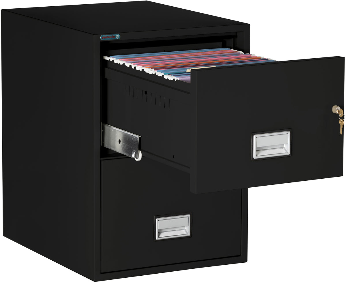 Phoenix Safe LGL2W25 25 inch 2 Drawer Legal Size Fire File Cabinet Black Top Drawer Open 2