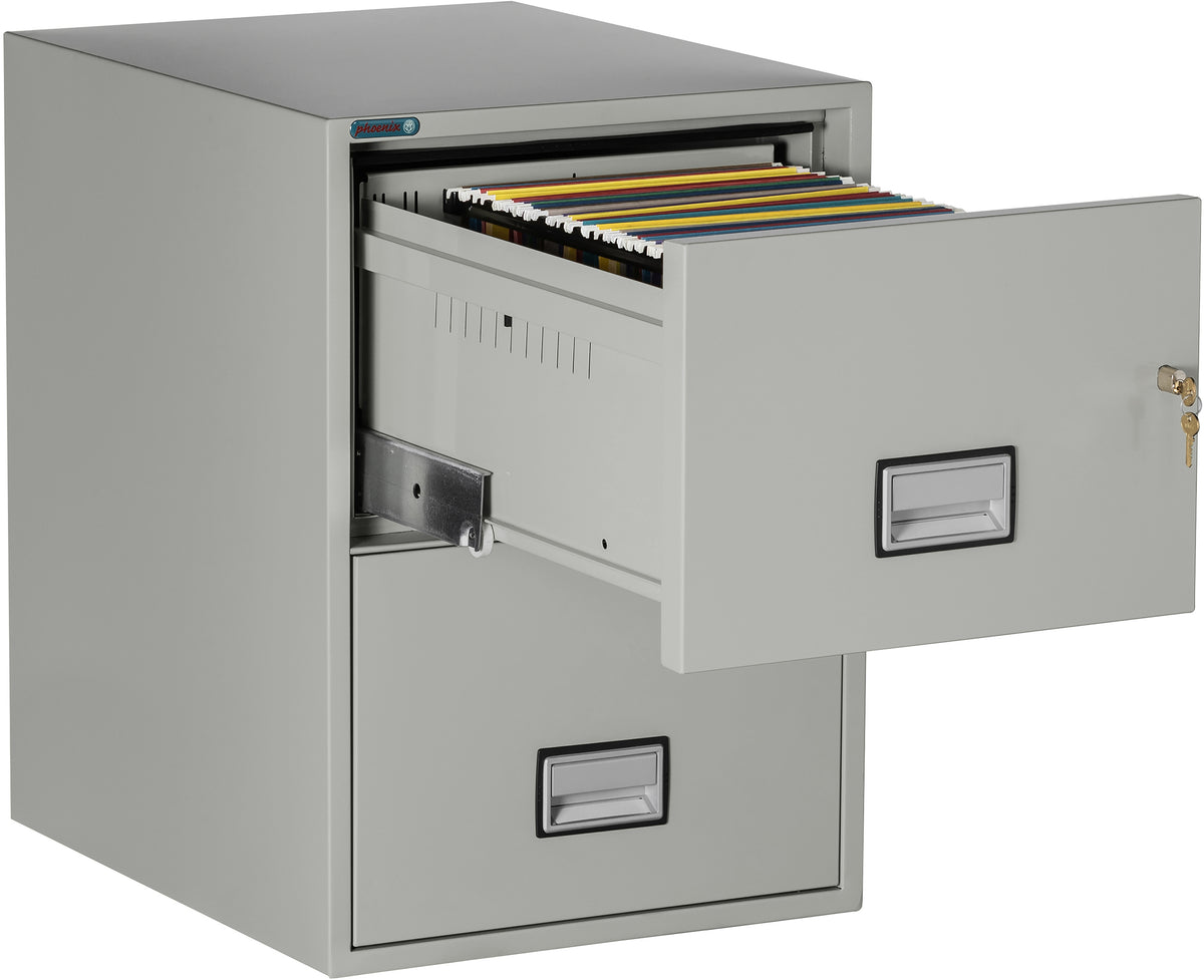 Phoenix Safe LGL2W25 25 inch 2 Drawer Legal Size Fire File Cabinet Light Gray Top Drawer Open