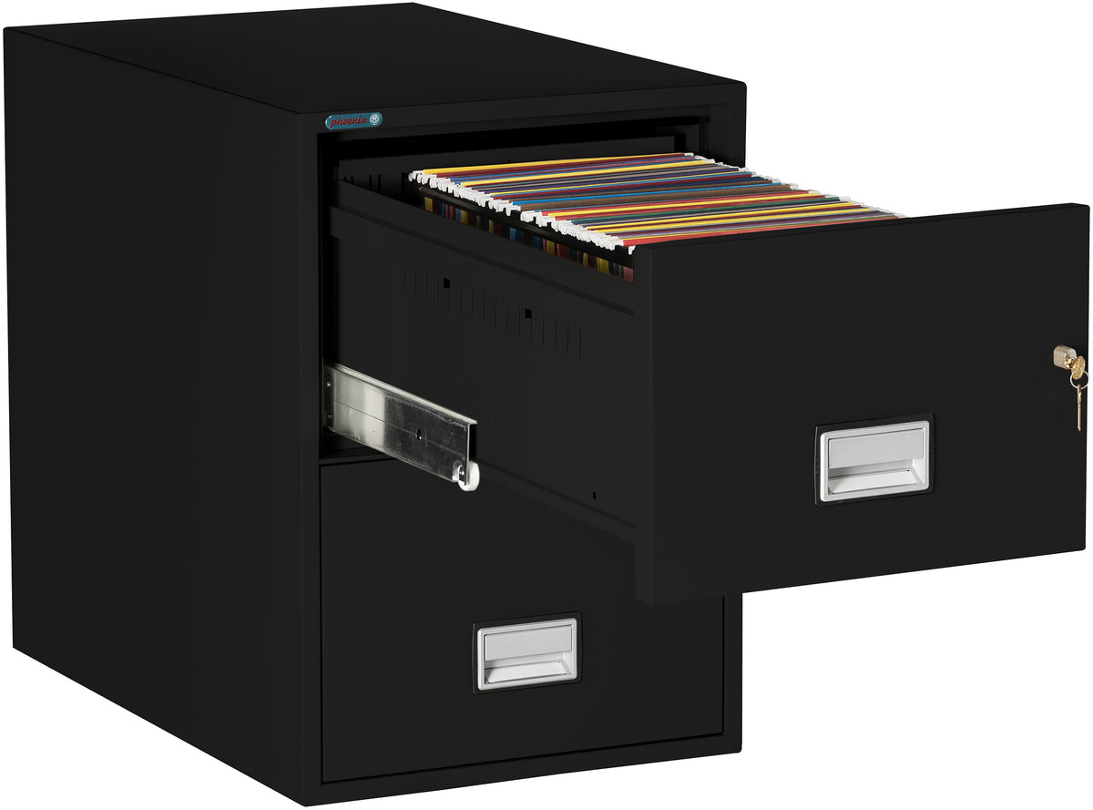 Phoenix Safe LGL2W31 31&quot; 2 Drawer Legal Size Fire File Cabinet Black Top Drawer Open