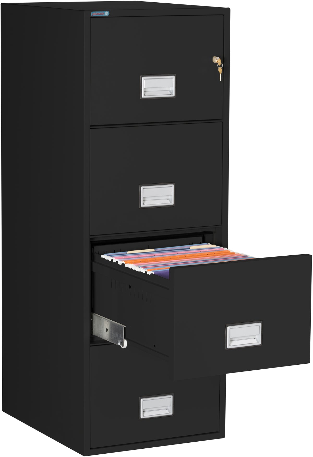 Phoenix Safe LGL4W25 25&quot; 4 Drawer Legal Size Fire File Cabinet Black Third Drawer Open