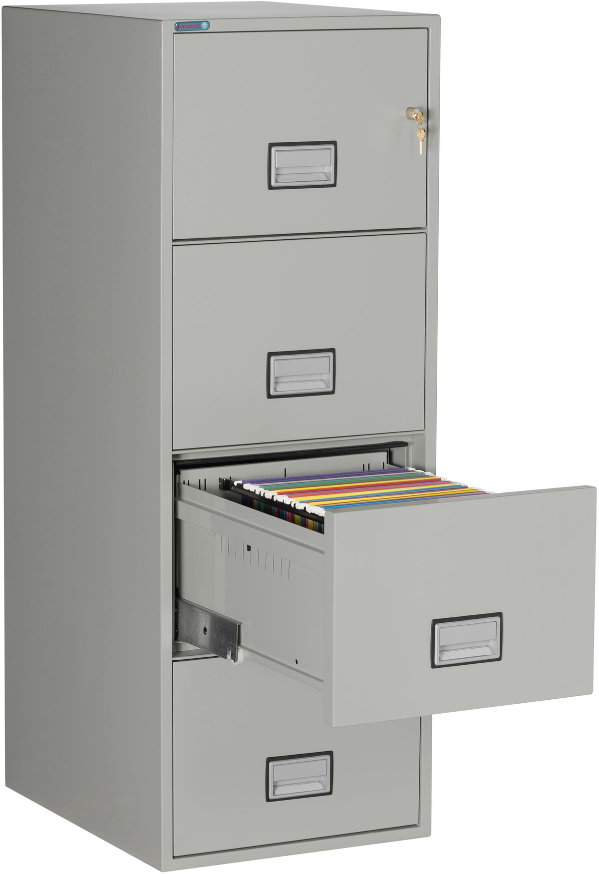 Phoenix Safe LGL4W25 25&quot; 4 Drawer Legal Size Fire File Cabinet Light Gray Third Drawer Open 2