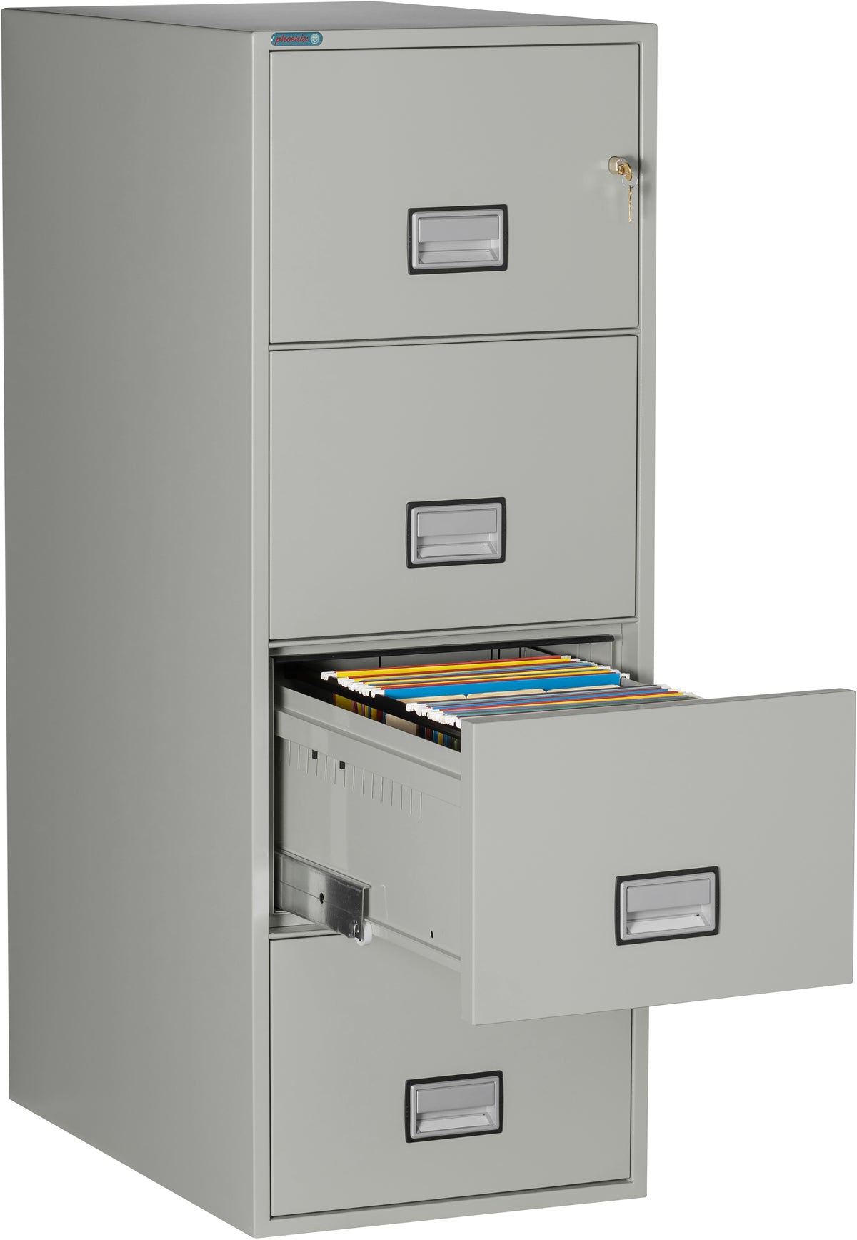 Phoenix Safe LGL4W31 31&quot; 4 Drawer Legal Size Fire File Cabinet Light Gray Third Drawer Open