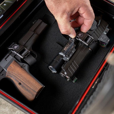 Vaultek XE-SK Range Kit installed in a LifePod XE securing two handguns with quick-release straps