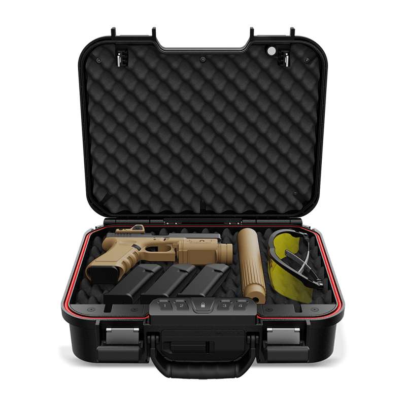 Vaultek LifePod XE open showing handgun in crate foam interior with hearing protection and accessories