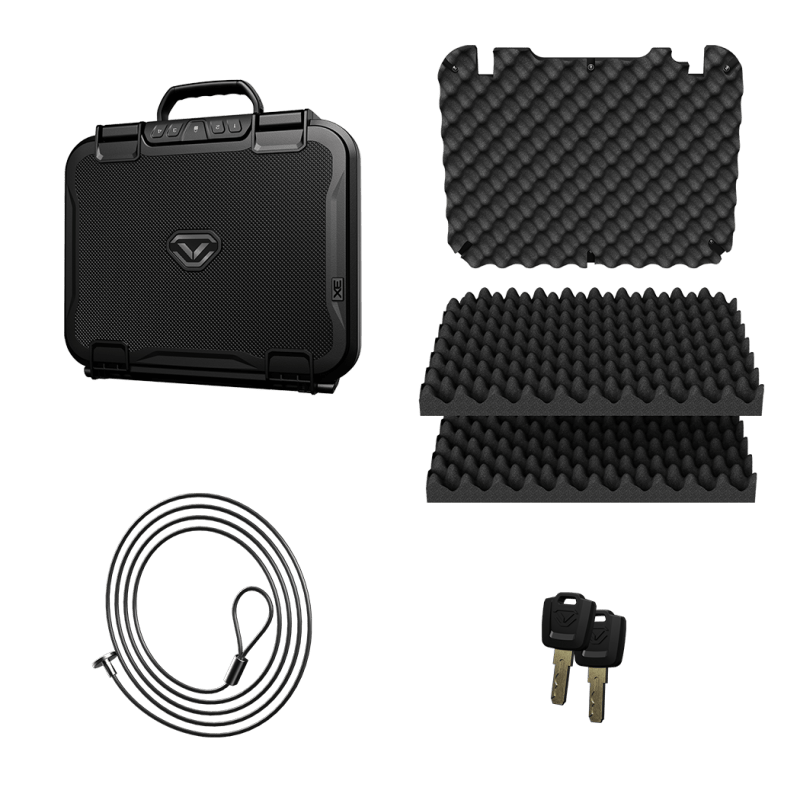 Vaultek LifePod XE Standard Edition what's-in-the-box: case, crate foam layers, security cable, and 2 backup keys