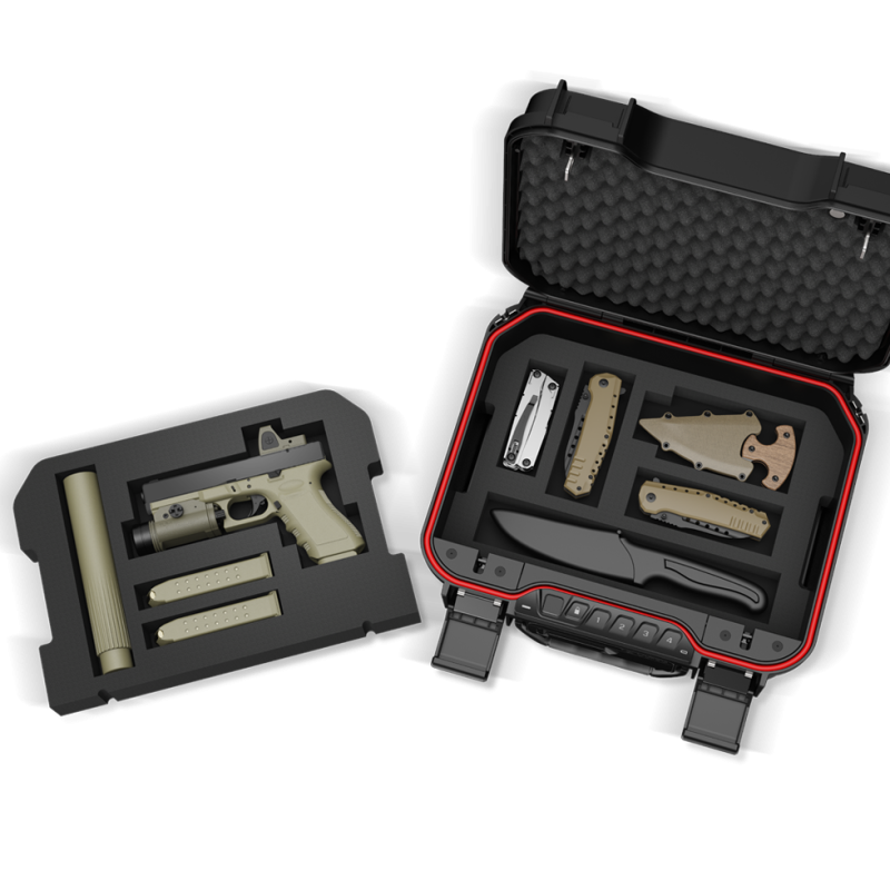 Black and red protective case with foam inserts holding various tools on a white background