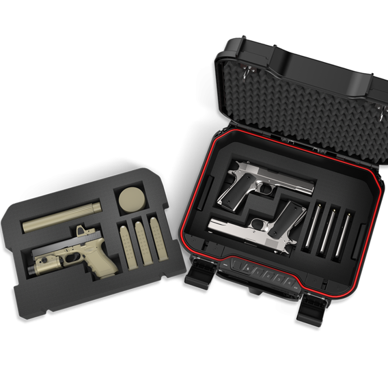 Black and red gun case with gun accessories on a white background