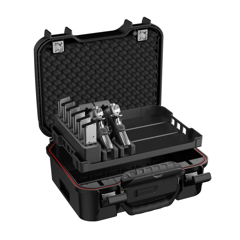 Black tool case with foam interior containing various tools on a white background