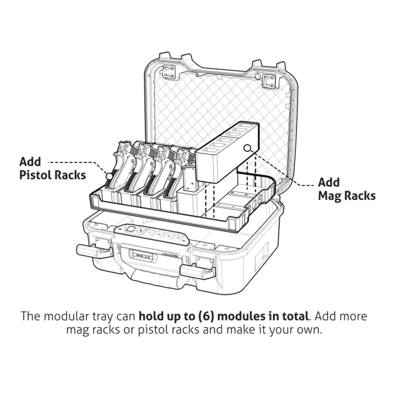 Diagram of a modular storage case with pistol and mag racks on a white background