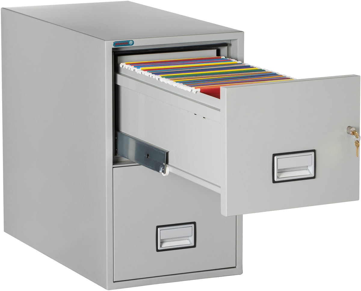Phoenix Safe LTR2W31 31&quot; 2 Drawer Letter Vertical Fire File Cabinet Light Gray Top Drawer Open