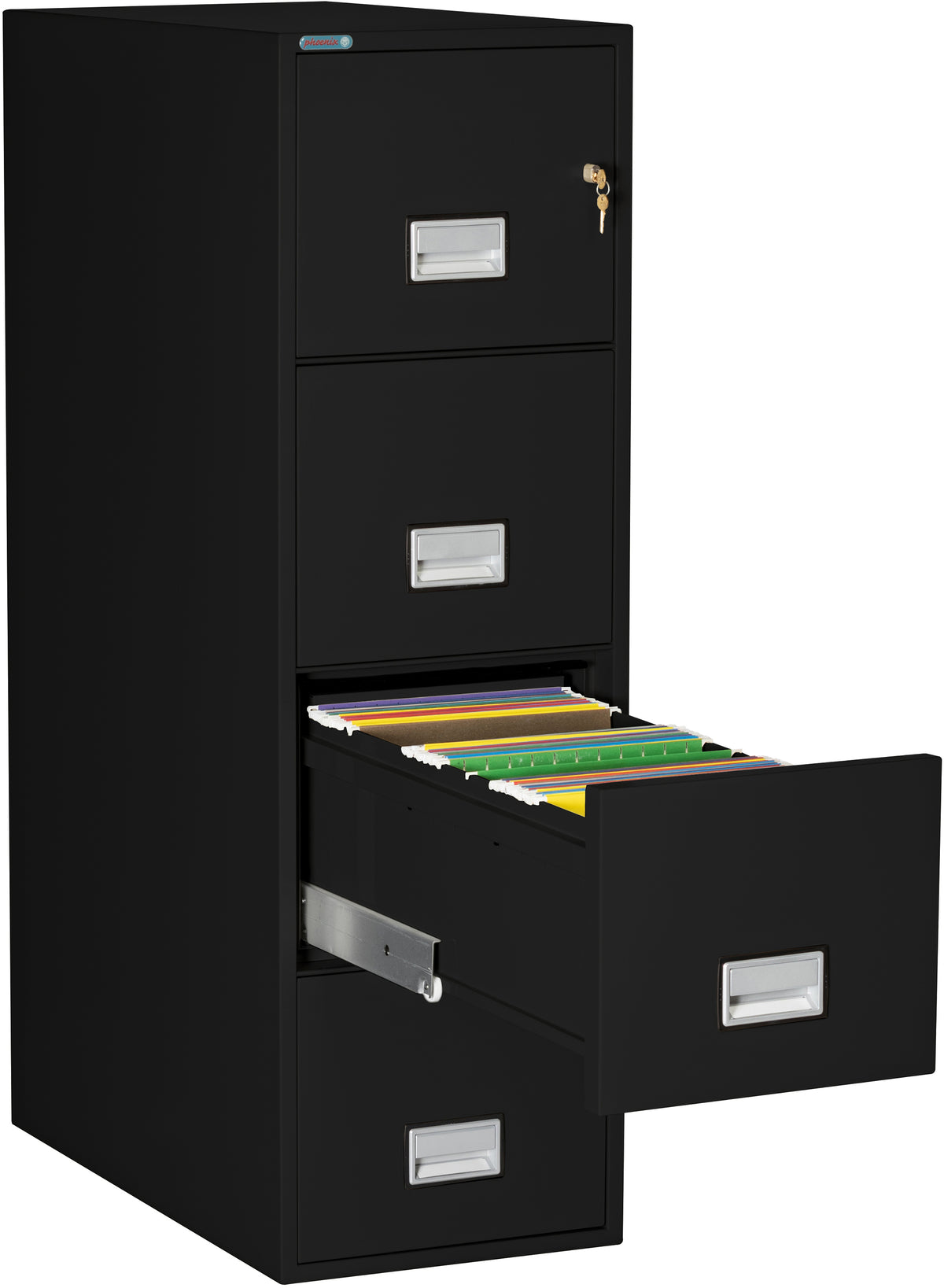 Phoenix Safe LTR4W31 31&quot; 4 Drawer Letter Vertical Fire File Cabinet Black Third Drawer Open