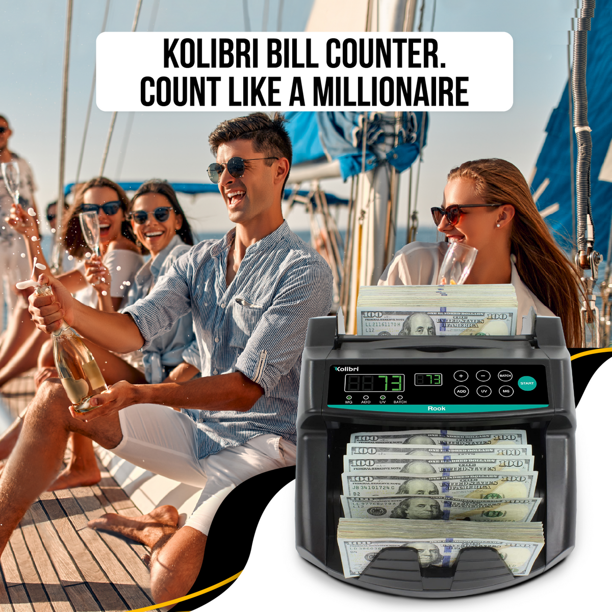 Kolibri Rook Bill Counter and Counterfeit Detector People on a Boat with Champaign