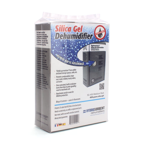 Silica gel dehumidifier packaging on a white background
