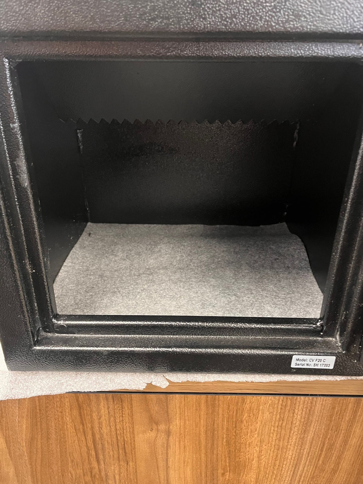 Close-up view of the inside of the safe. 