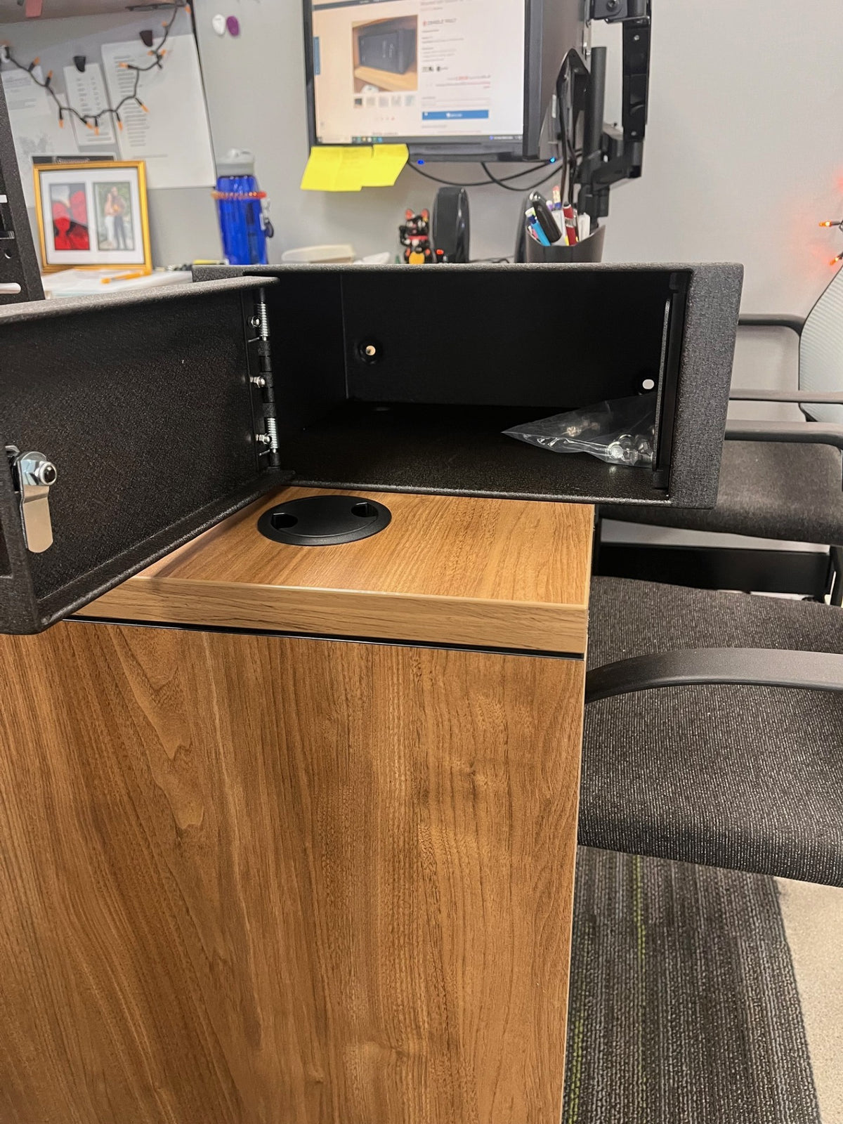 Front view of the safe with the door open.