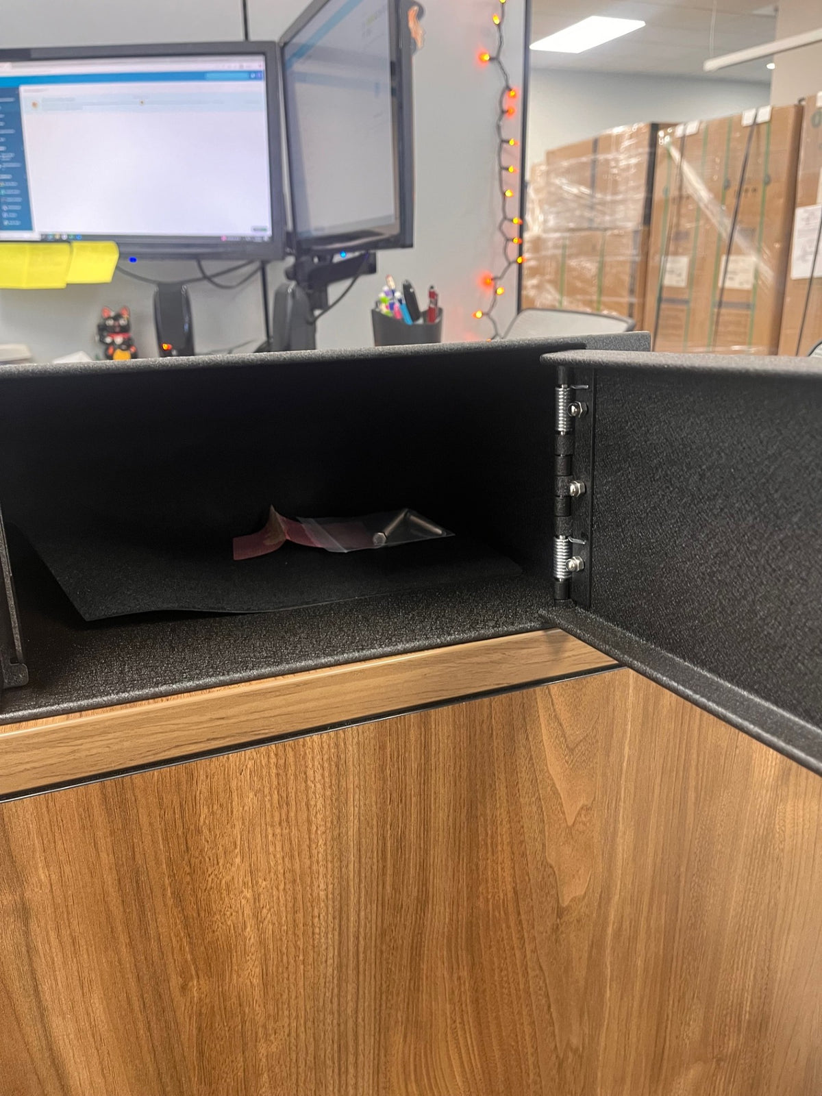 Front view of the safe with the door open. 