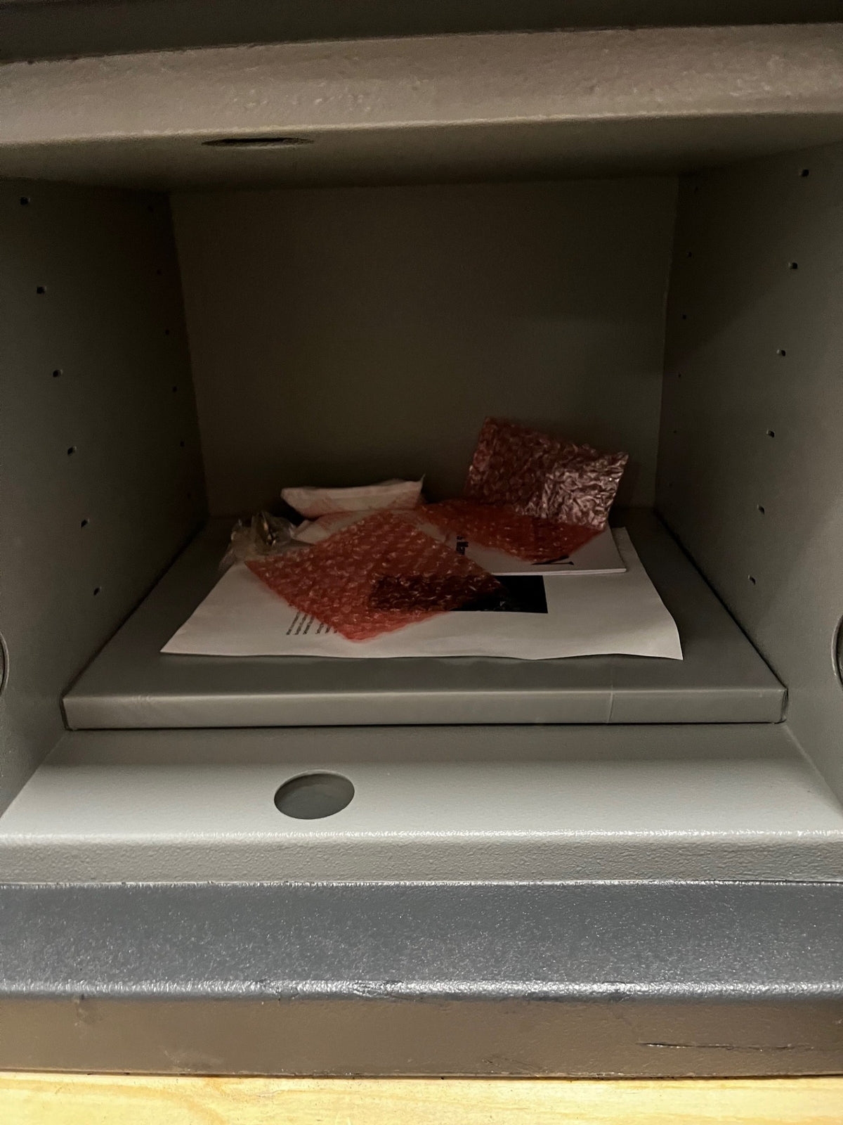 Close-up view of the inside of the safe. 