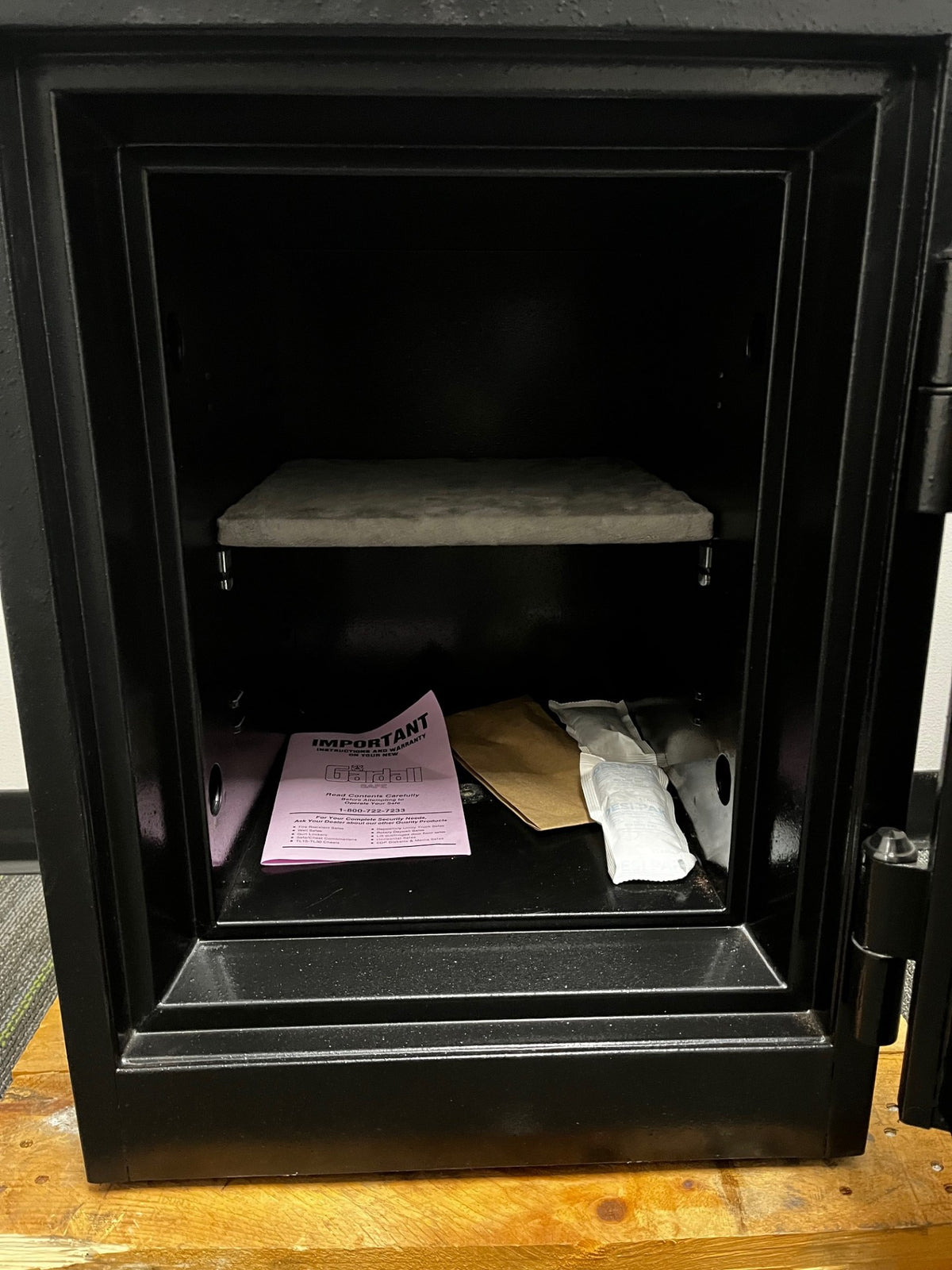 Close-up view of the inside of the safe. 