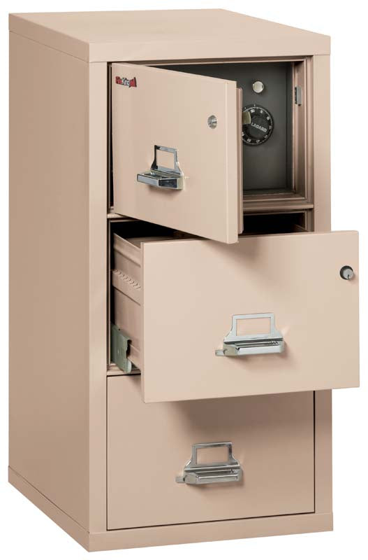 FireKing 3-2131-CSF 3 Drawer Legal Safe In A Fire File Cabinet Ivory White Top Door &amp; Second Drawer Open Champagne
