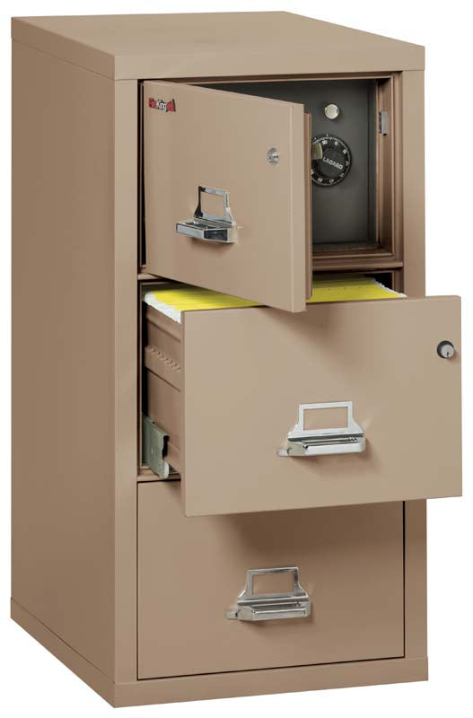 FireKing 3-2131-CSF 3 Drawer Legal Safe In A Fire File Cabinet Ivory White Top Door &amp; Second Drawer Open Taupe