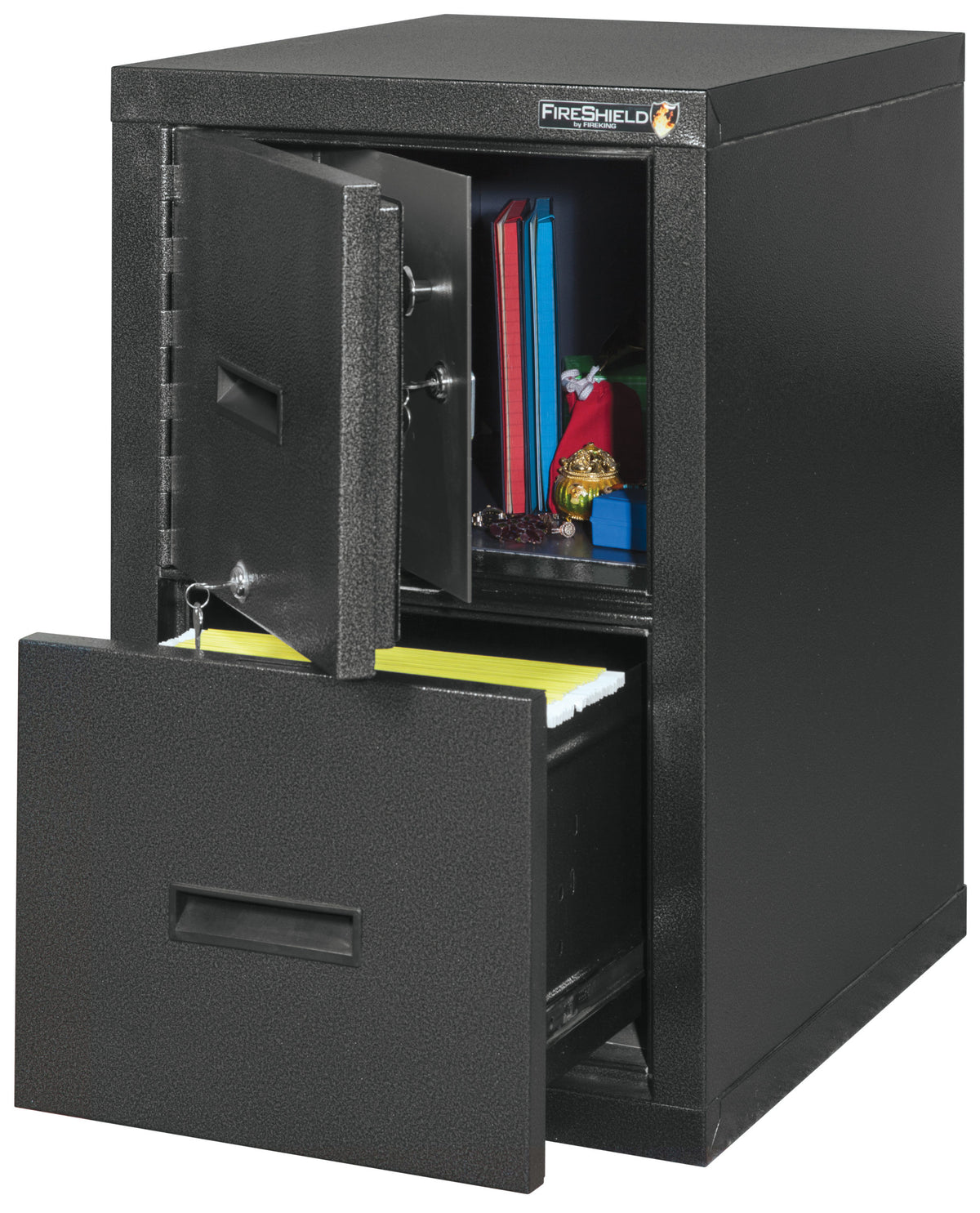 FireKing 2S1822-DDSSF Safe-In-A-File Cabinet Black Stone Top Door &amp; Bottom Drawer Open Full