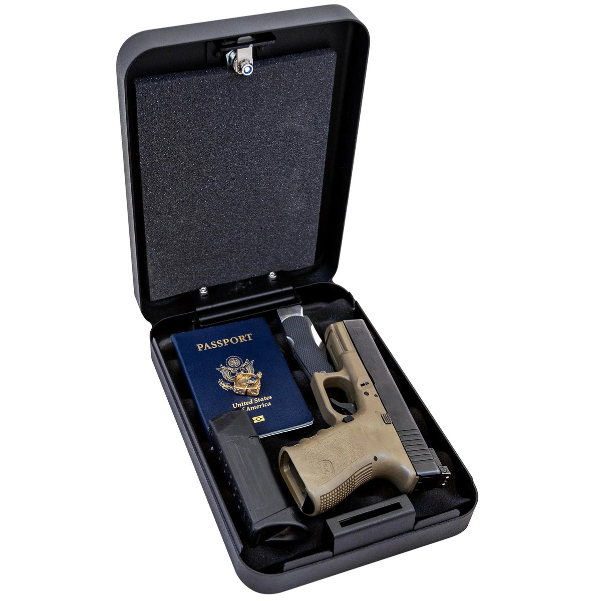 Liberty HDV-50 Key Lock Portable Handgun Vault Open with Handgun