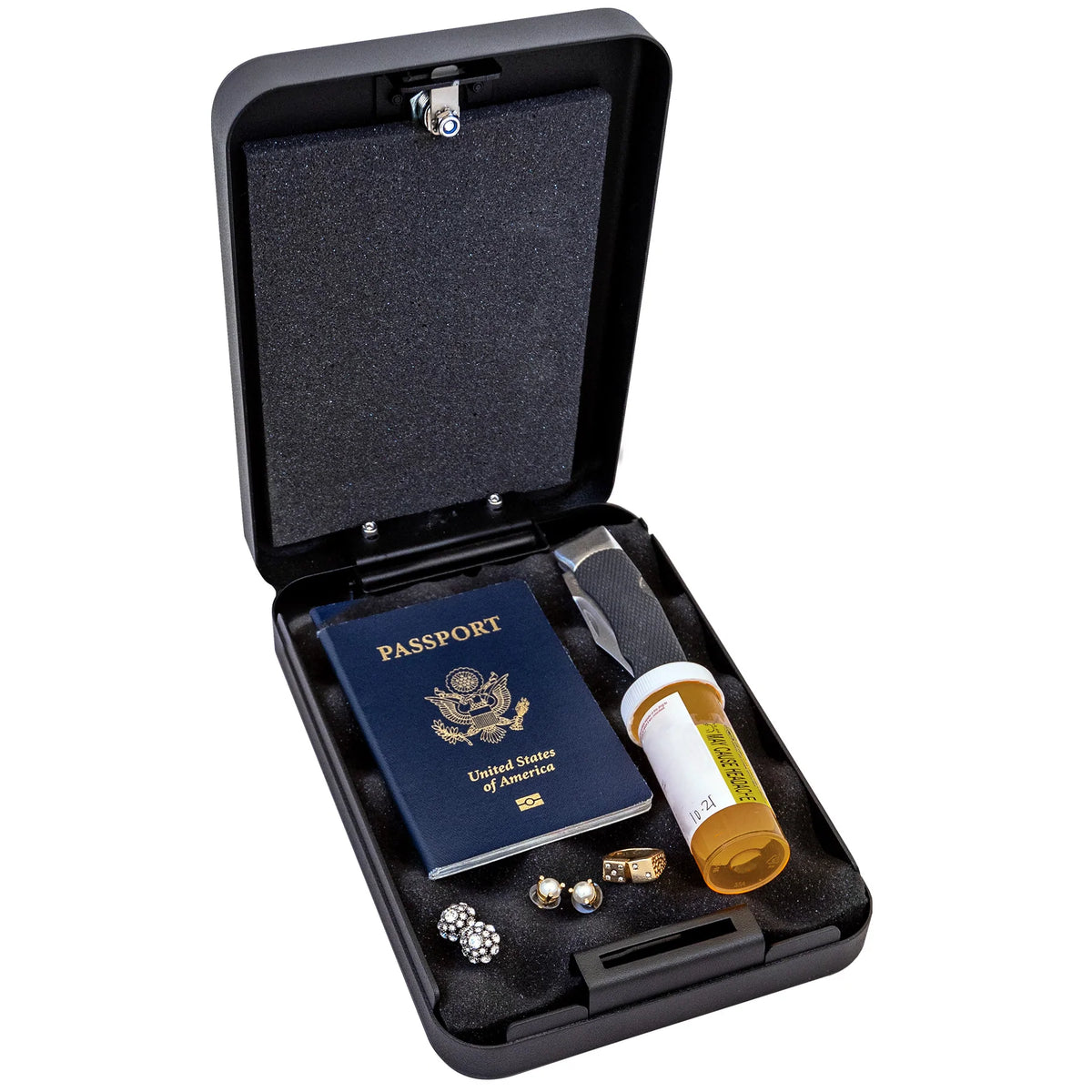 Liberty HDV-50 Key Lock Portable Handgun Vault Open with Passport &amp; Jewelry