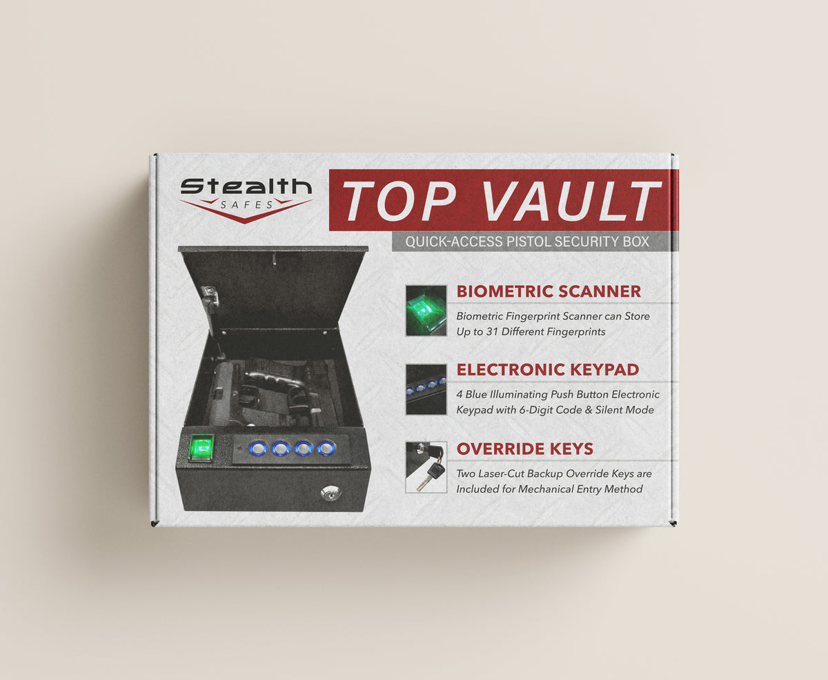 Stealth Top Vault TV1 Quick Access Biometric Pistol Safe Packaging