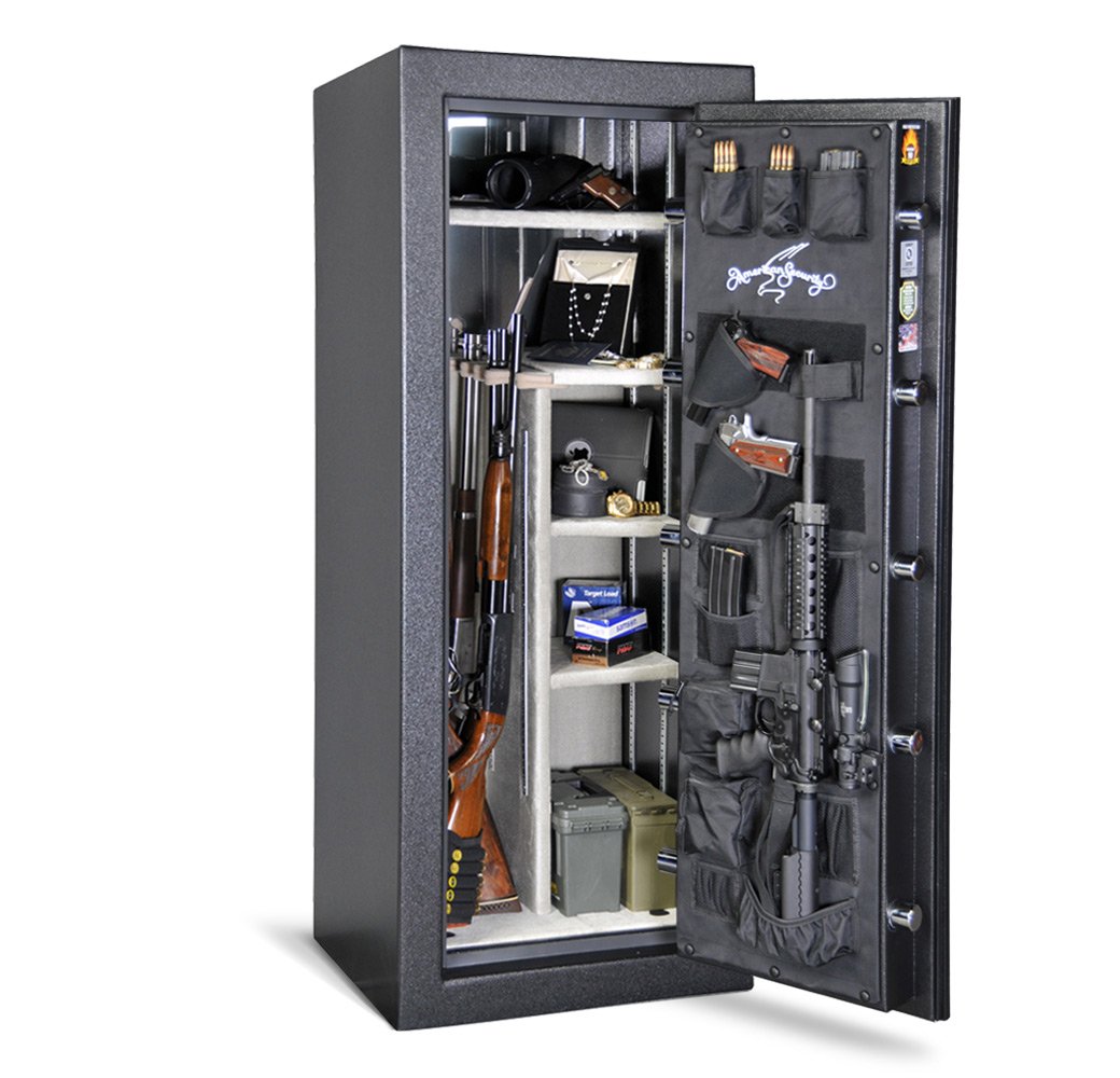 Inside view of AMSEC BFX6024 gun safe showing 17-gun capacity, adjustable shelving, and door organizer for pistols and ammo.