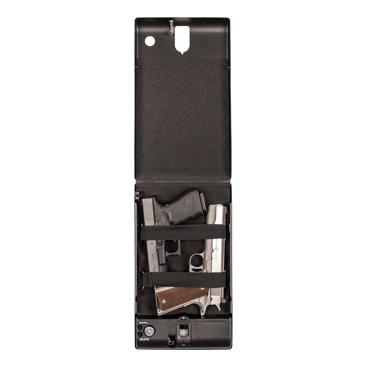 Tracker SPS-04B Small Pistol Safe With Biometric Lock Open with Handguns Strapped in
