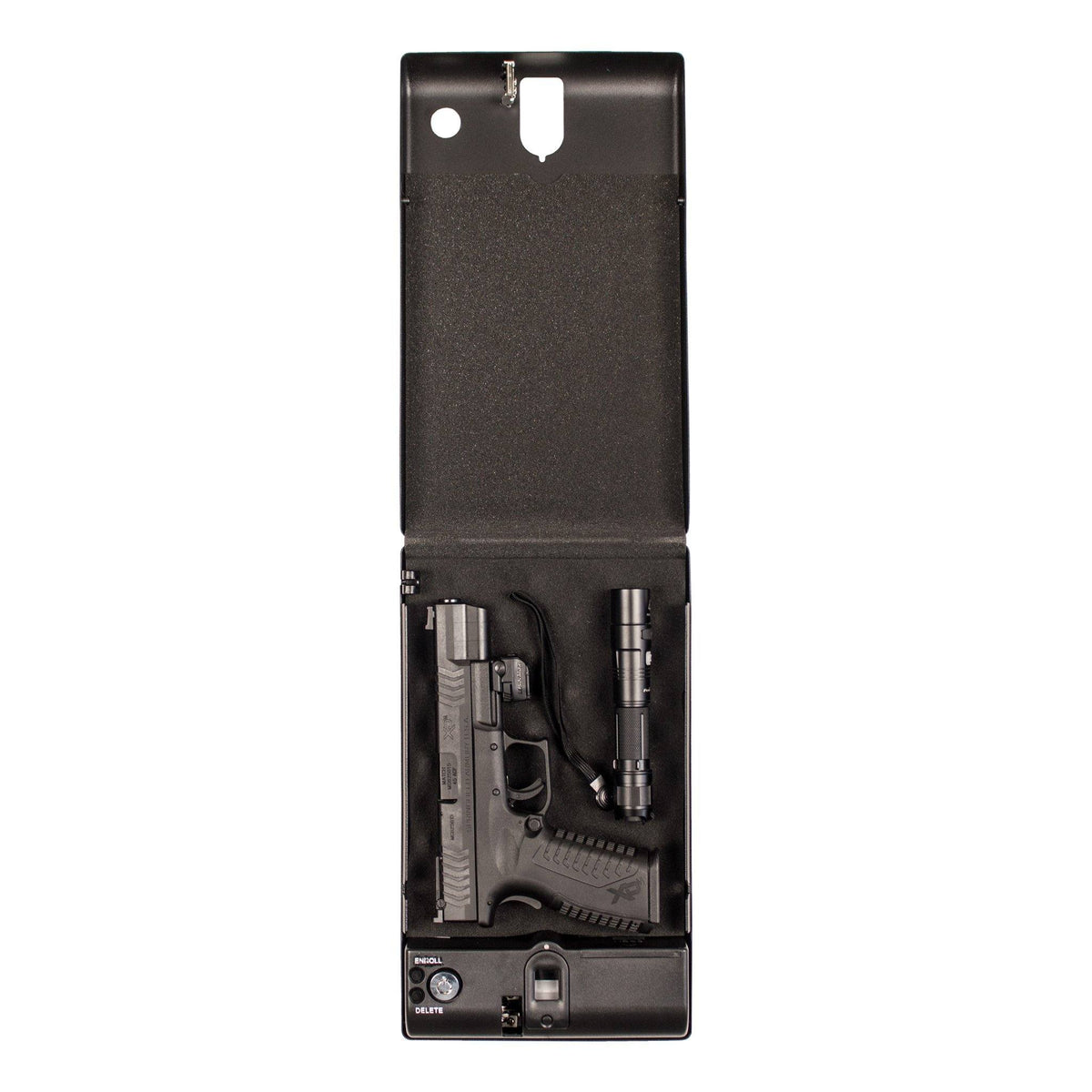 Tracker SPS-04B Small Pistol Safe With Biometric Lock Open with Handgun and Flashlight