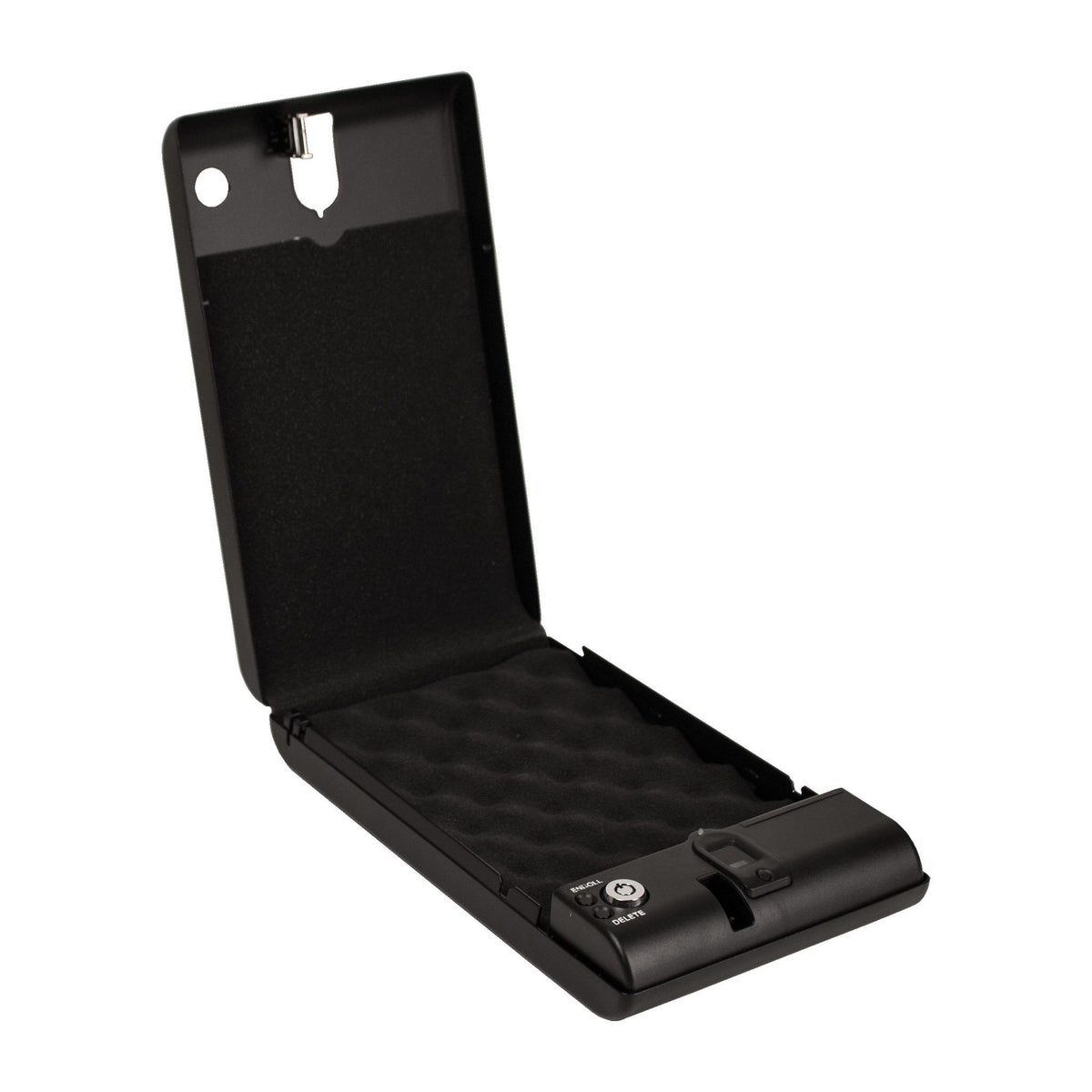 Tracker SPS-04B Small Pistol Safe With Biometric Lock Open Closed