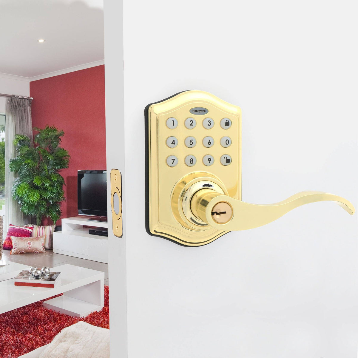 Honeywell 8734001 Electronic Entry Lever Door Lock with Keypad in Polished Brass