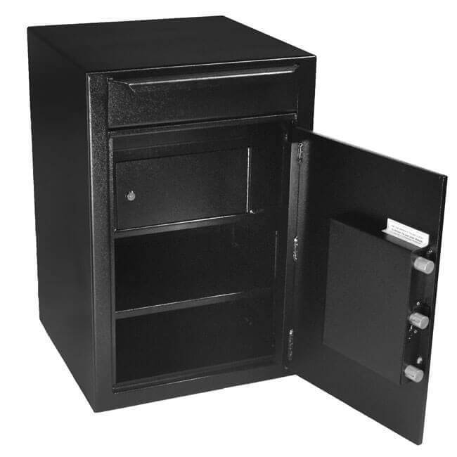 Stealth DS3020FL7 Heavy Duty Drop Safe with Internal Compartment Door Open Empty Angled