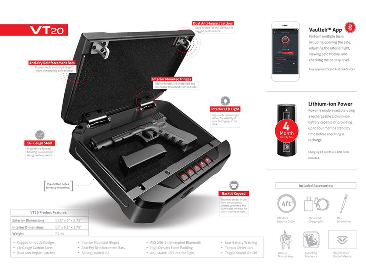 Handgun And Pistol Safes - Vaultek VT20 Rugged Bluetooth Smart Safe