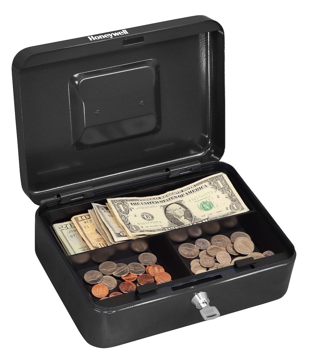 Honeywell 6202 Steel Cash Box with Key Lock & Removable Coin Tray Open with Cash & Coin